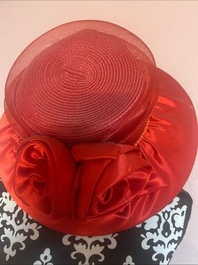 Elegant Red Satin Floral Church Hat - Women Accessories